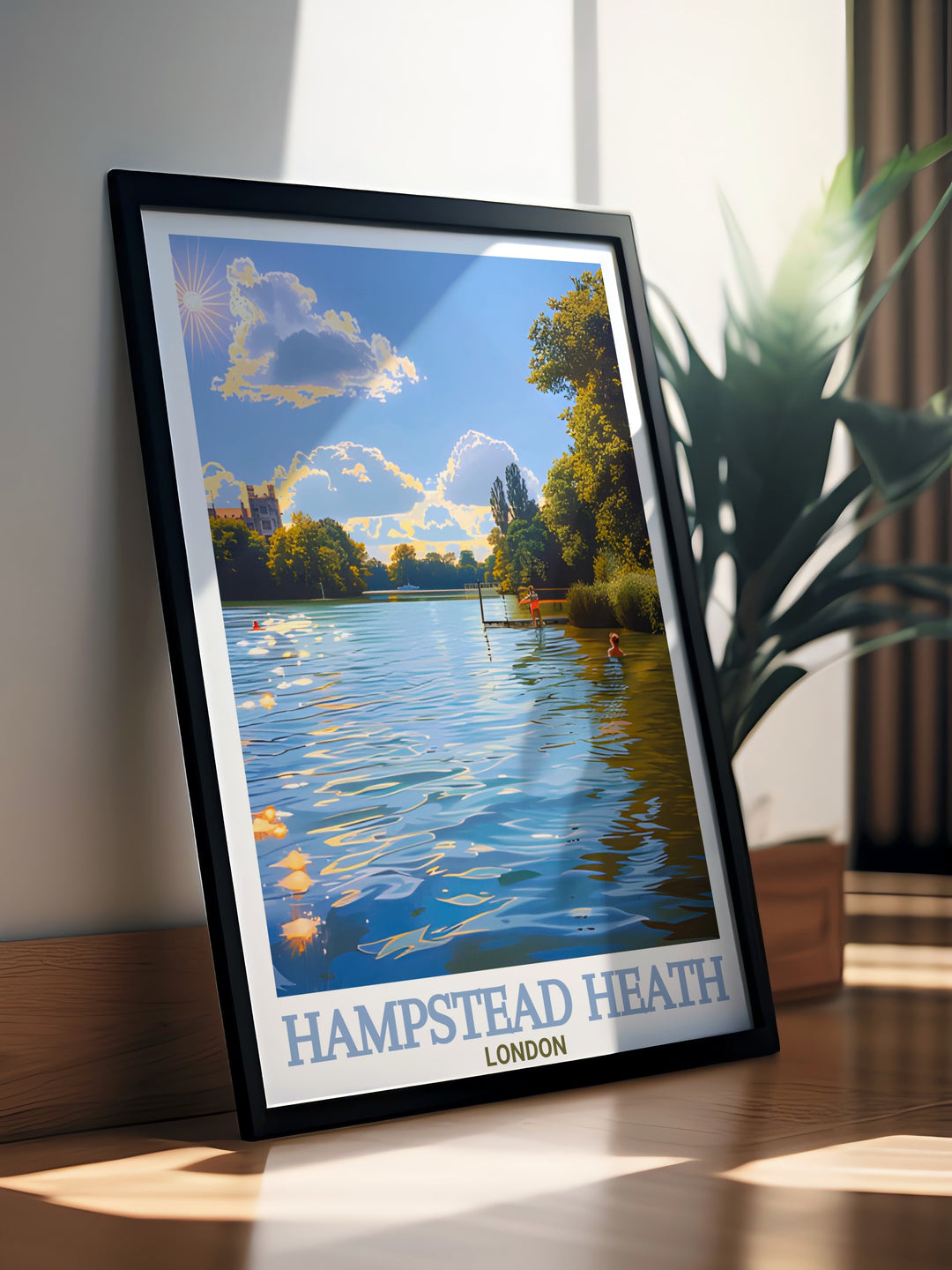 This poster features Hampstead Heaths rolling landscapes and the iconic Hampstead Ponds, perfect for anyone who enjoys the beauty of Londons parks. A striking piece for your home or as a thoughtful travel gift.