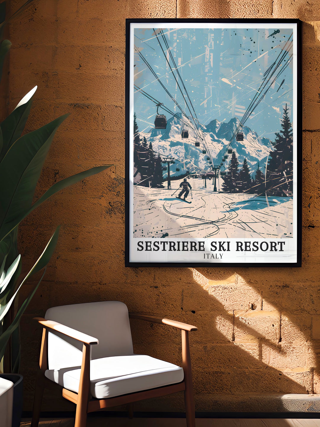 Italian Alps travel art featuring Sestriere Ski Resort. This print highlights the stunning alpine landscapes and world class ski slopes. Ideal for adding a touch of adventure to your decor and a great gift for those who love mountain scenery.