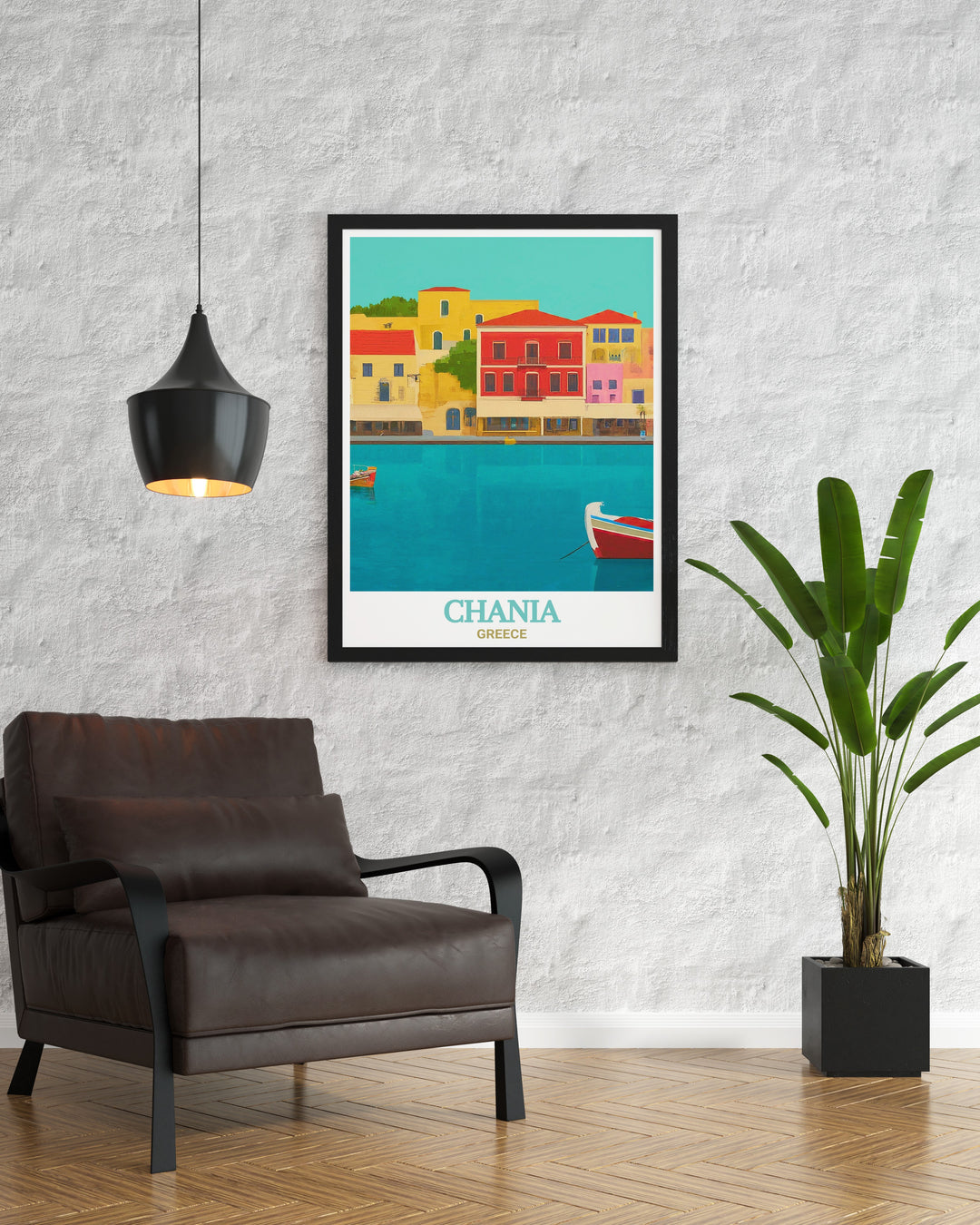 Capture the spirit of a Greek island getaway with this travel poster, highlighting the historic Venetian Harbor of Chania and the scenic views of Crete. Perfect for lovers of Greek culture and Mediterranean landscapes.