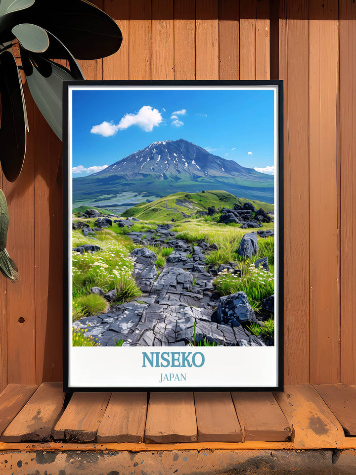 Niseko Travel Poster featuring Mount Yotei and snowboarding action highlighting the beauty of Japanese landscapes with a classic vintage travel print appeal perfect for any room