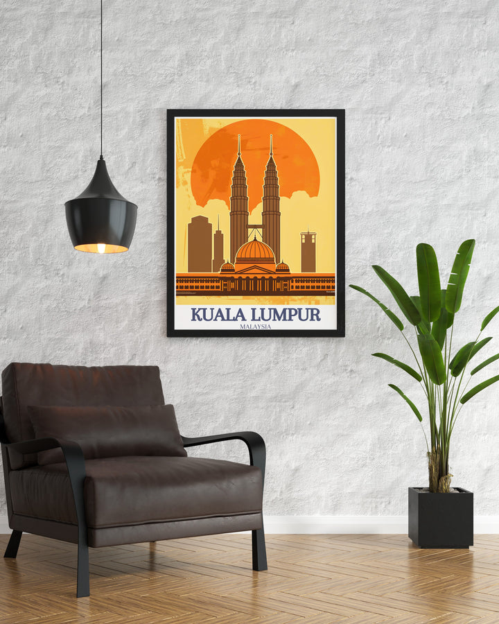 Sultan Abdul Samad Building and Petronas Twin Towers framed art from Kuala Lumpur. This print brings to life the unique architectural contrast between Malaysias colonial past and its futuristic skyline, offering a meaningful gift for travel and architecture lovers.