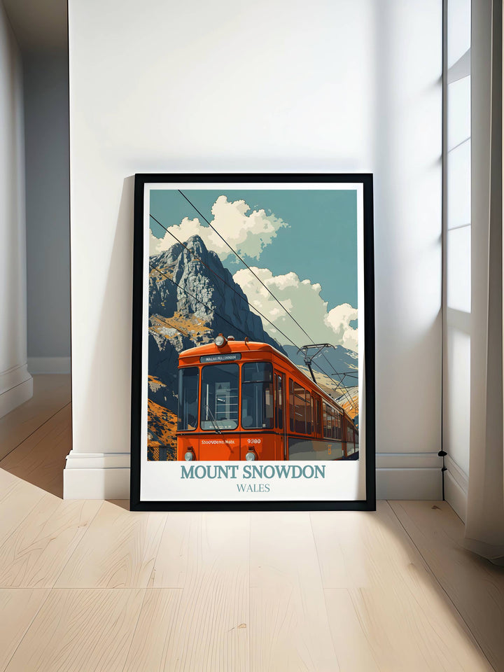 Snowdonia Poster showcasing the breathtaking beauty of Snowdonia Wales with Mount Snowdon and Tryfan peak perfect for any home decor including Snowdon Mountain Railway Station