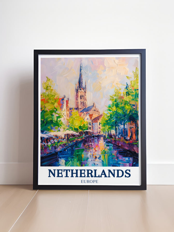 Beautiful framed print of Delft New Church ideal for those who appreciate the elegance of Dutch architecture and minimal travel prints this piece adds a sophisticated touch to any living room or office decor