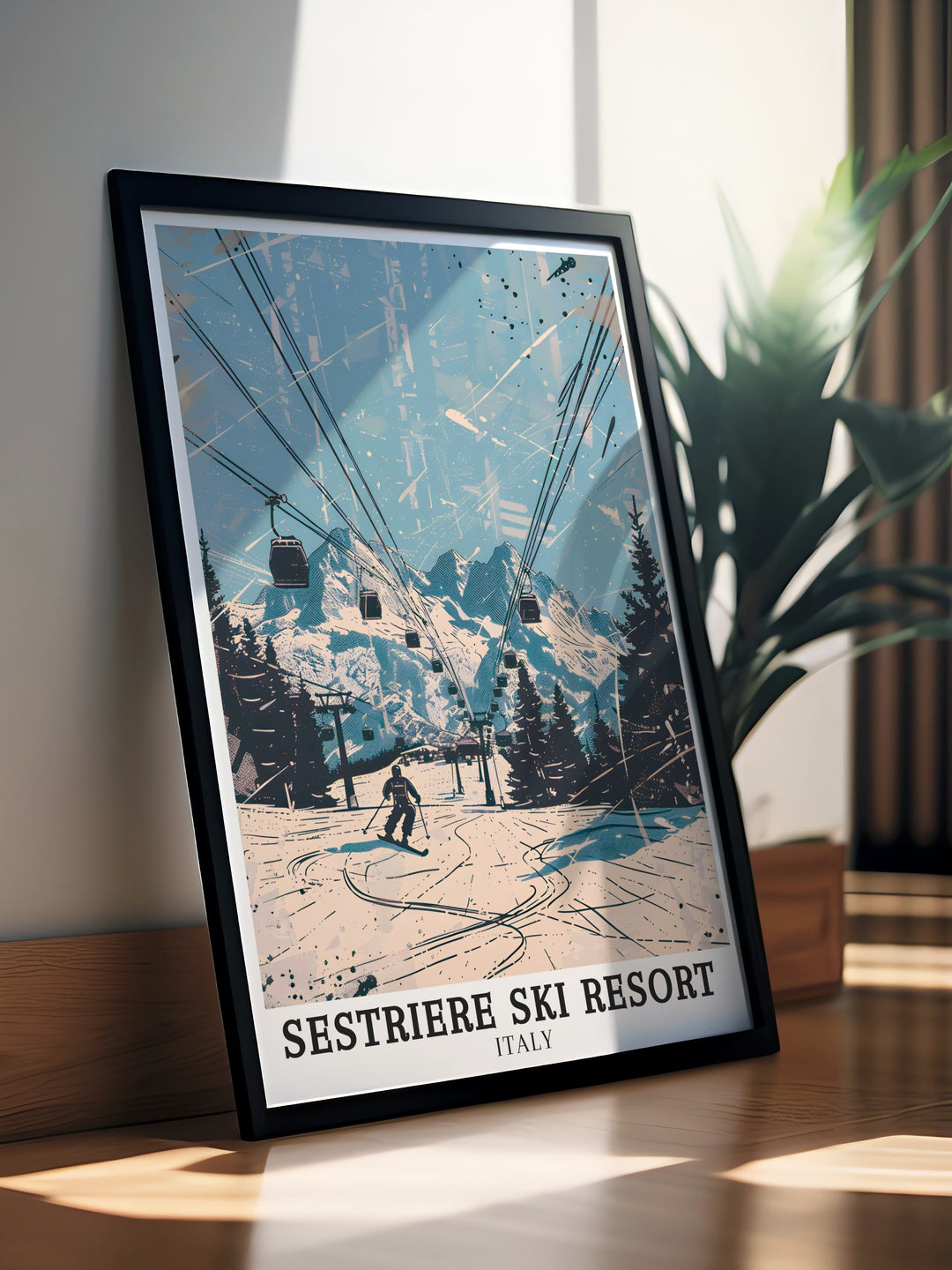 Ski resort poster of Sestriere in the Italian Alps. Showcasing the beauty and excitement of Sestriere Vialattea Ski Area, this print is perfect for adding a touch of elegance and adventure to your decor. Great for gifts and home decoration.