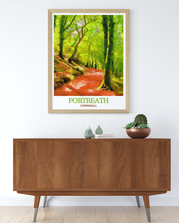 Portreaths sandy beaches and Illogan Woods ancient trees are captured in this stunning print. The artwork reflects the natural beauty of Cornwall, offering a perfect blend of coastal and woodland scenery. Add this piece to your home decor to enjoy the calming influence of Cornwalls landscapes every day.