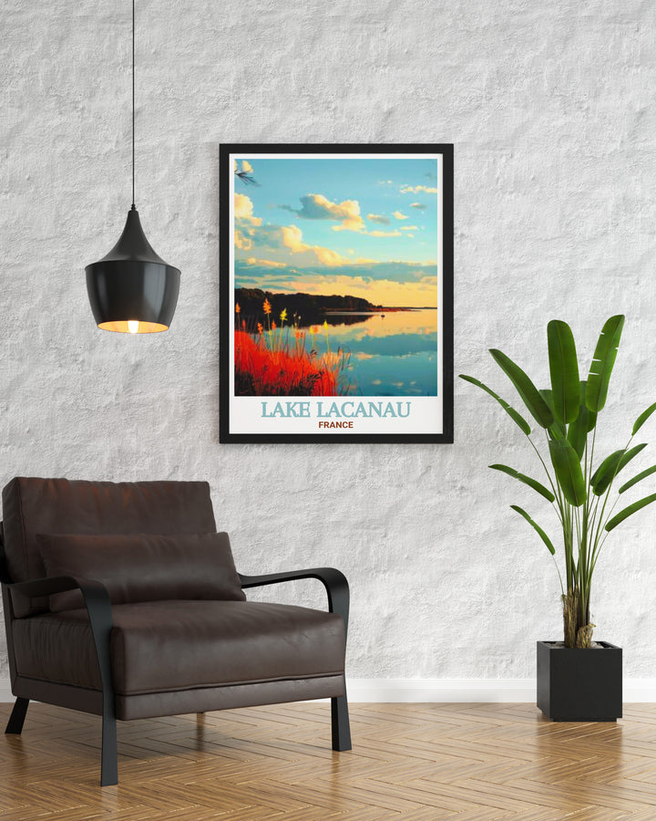 Capture the natural charm of Lake Lacanau with this elegant travel poster. The peaceful waters and the nearby nature reserve are depicted with intricate detail, making it an ideal piece for anyone who appreciates Frances scenic landscapes.