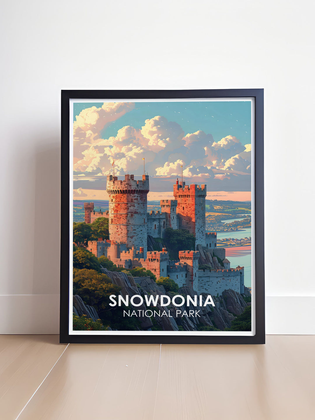 Snowdonia gift poster featuring the tranquil landscapes of Snowdonia with the iconic Conwy Castle a perfect piece of nature landscape art for home decor and a thoughtful gift for nature lovers