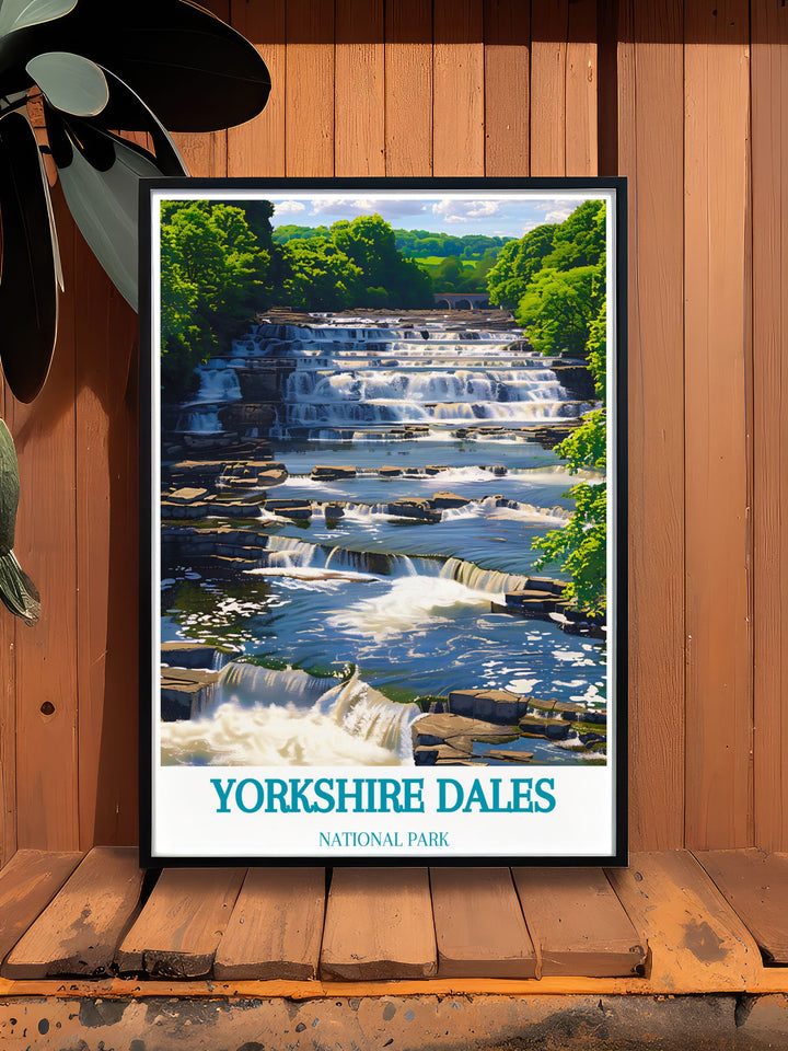 Enhance your home with this captivating print of Aysgarth Falls in the Yorkshire Dales a National Park art piece that also includes the iconic Ribblehead Viaduct and Flying Scotsman making it a must have for fans of Yorkshire and nature inspired artwork.