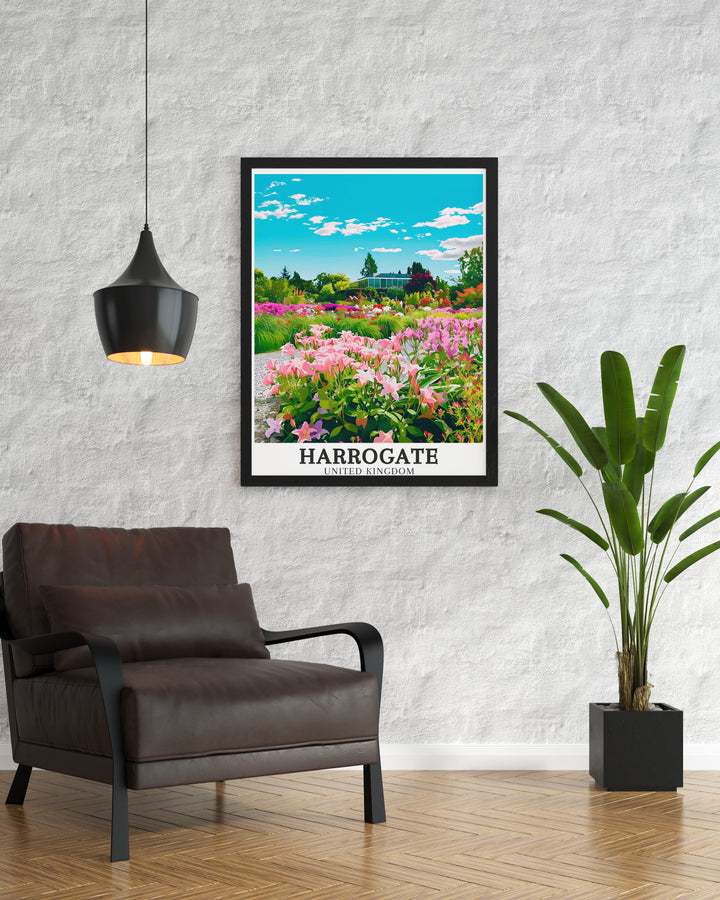 Yorkshire Travel Poster showcasing Harrogates Harlow Carr Gardens Beckwithshaw. Add this Harrogate Decor to your home for a touch of Yorkshires natural beauty. Perfect for modern living room decor or office art with Yorkshire themes.