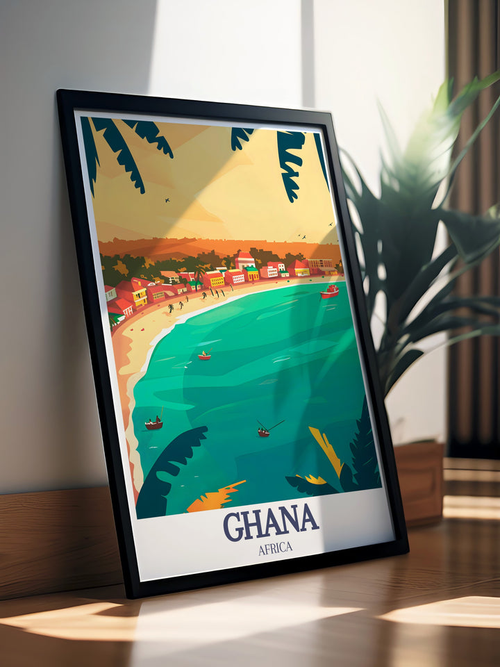 Elevate your space with this Accra wall art showcasing Ghanas capital city and the peaceful Labadi Beach. Ideal for travelers and art enthusiasts, this vintage inspired print combines cityscape and coastal beauty.