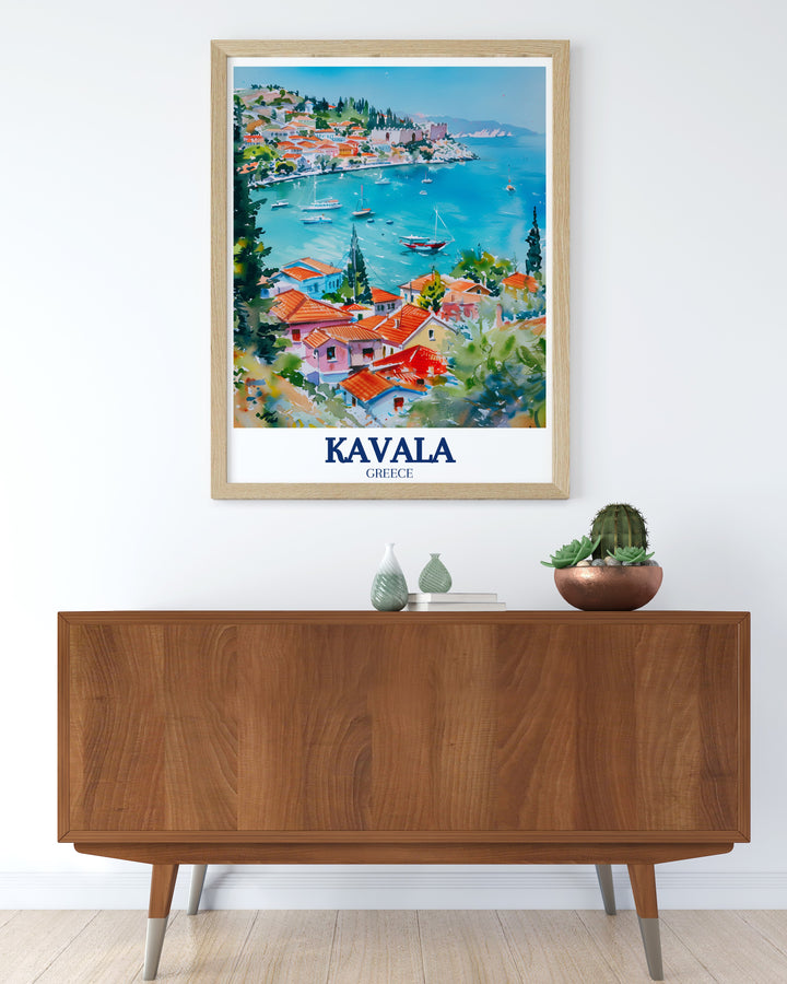 Aegean Sea Travel Print capturing the serene blue waters of the Aegean, with Kavalas coastal charm reflecting in the distance, ideal for bringing a touch of Greeces natural beauty into your living space.