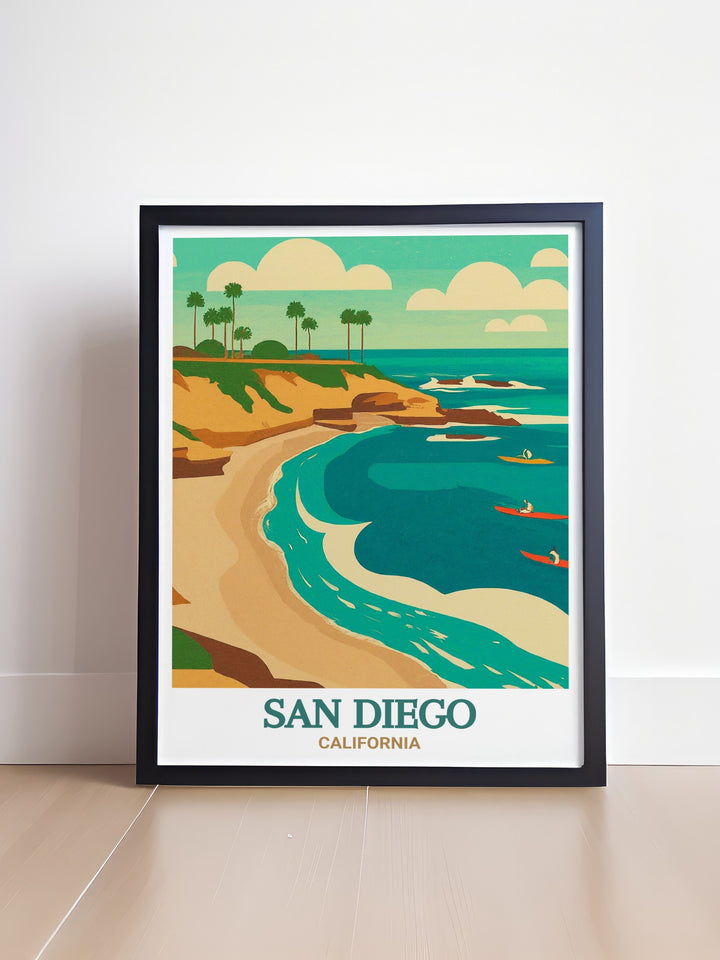 Vintage style poster of La Jolla Cove, blending modern elegance with a touch of nostalgia. Perfect for those who appreciate Californias coastal history and the timeless beauty of its landscapes.