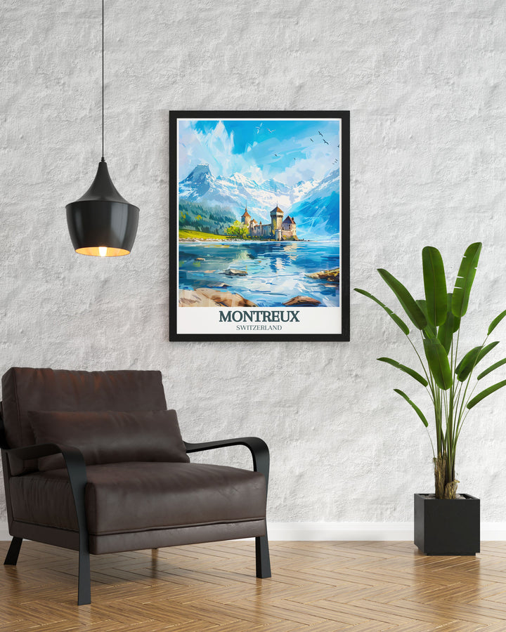 Montreuxs Lakeside Promenade and the grandeur of Chillon Castle are on full display in this travel poster, perfect for your wall art collection. The serene waters of Lake Geneva meet the striking Alps, making this Swiss Riviera inspired print a captivating addition to any room.