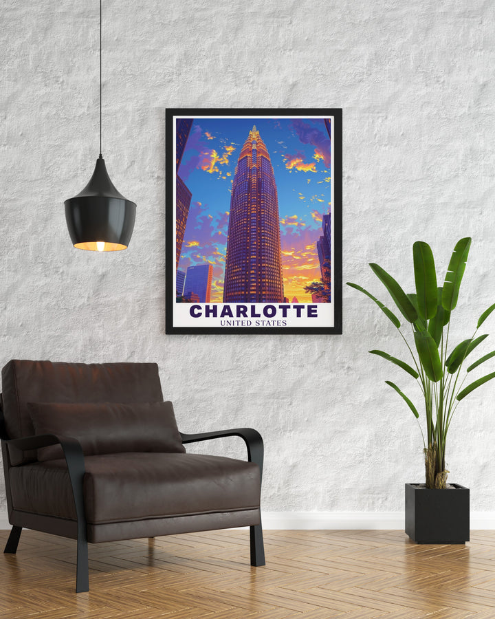 This framed art of Charlotte features the iconic Bank of America Corporate Center and the corporate heart of the citys skyline. Perfect for anyone who has a connection to Charlotte, this travel print is a sophisticated way to celebrate the citys growth and modern charm. An ideal gift for travelers or as an addition to your own home decor.