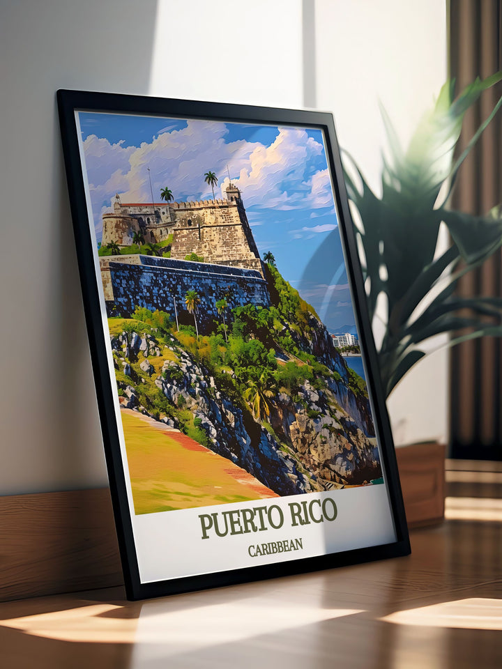 CARIBBEAN, Castillo San Felipe del Morro vintage poster with a rich color palette and detailed artwork. Perfect Arecibo gift for travelers and history enthusiasts. Enhances home decor with a piece of Puerto Ricos heritage.