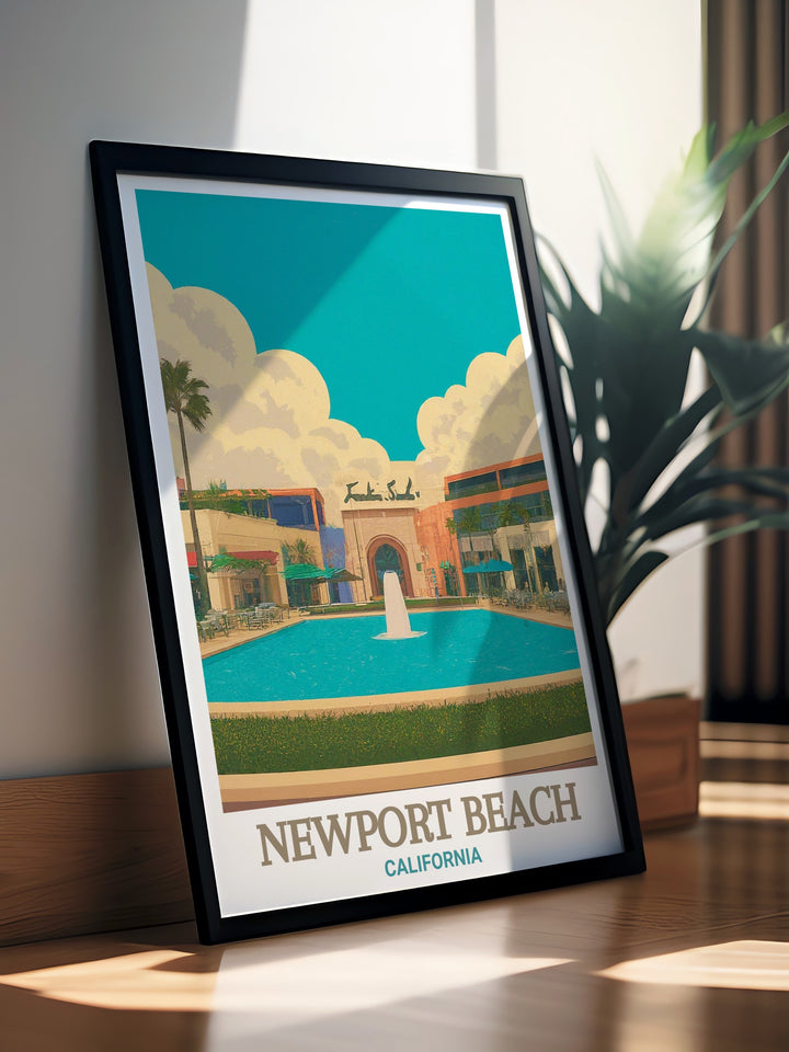 Fashion Island travel poster captures the scenic beauty of Newport Beach with vibrant colors and intricate details. A perfect addition to any room evoking memories of stylish shopping trips and relaxed coastal strolls. Ideal for California travel enthusiasts.