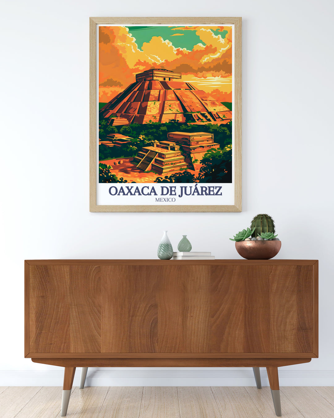 This Oaxaca poster captures the essence of Monte Albáns ancient ruins set against the modern cityscape of Oaxaca de Juárez. With its rich details and vibrant colors, this artwork is an ideal way to bring Mexicos history and beauty into any home décor.