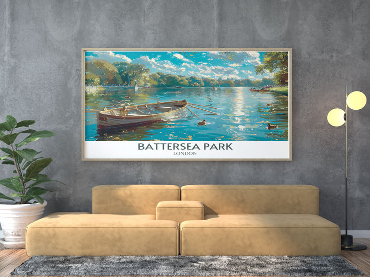 Battersea Park Lake modern prints featuring a serene view of the lake and Peace Pagoda perfect for London wall art enthusiasts and travel poster collectors