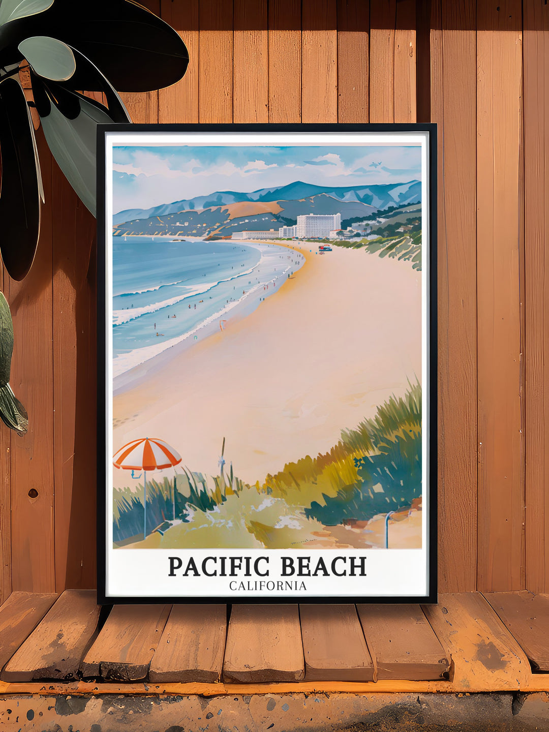 Showcasing the stunning Pacific Beach and its famous hotels, this poster is a tribute to the beauty of San Diegos coastline. A perfect addition to any room, it reflects the laid back, sun soaked atmosphere of California.