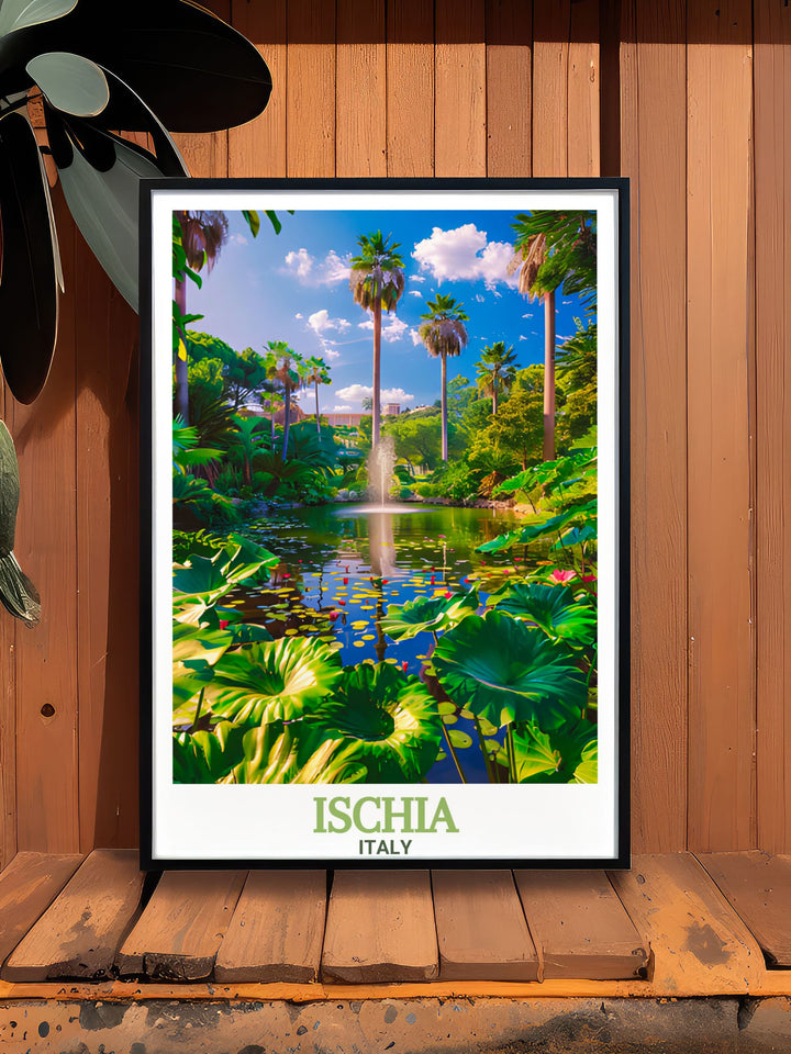 A stunning art print capturing the essence of La Mortella Gardens in Ischia, Italy. The colorful design brings the tranquil beauty of the garden to life, making it an excellent piece for nature lovers or as a special gift for any occasion.