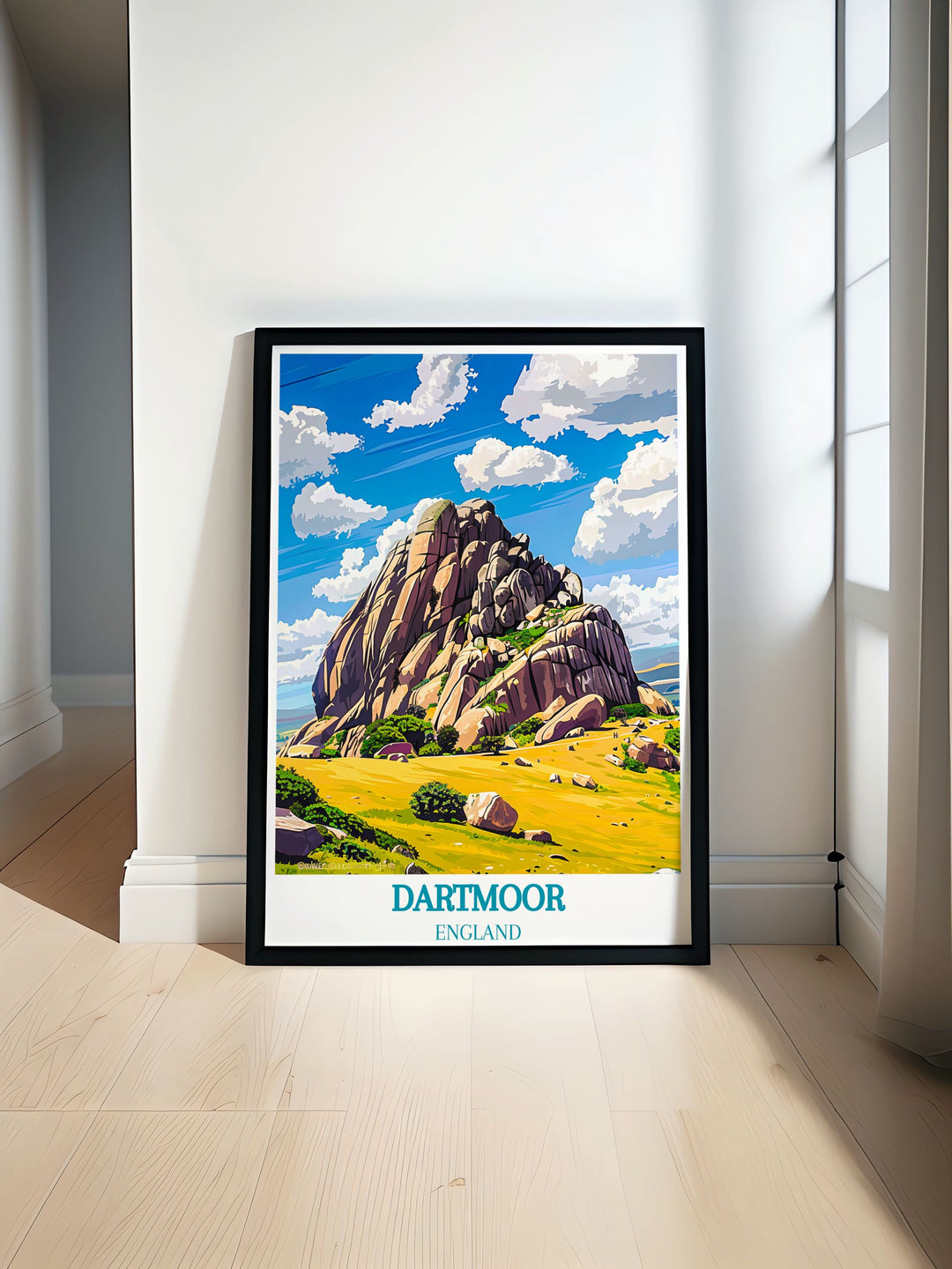 Detailed print of Dartmoor National Park, capturing the wild moorland and iconic Haytor Rocks, perfect for nature enthusiasts and those who love the English countryside.