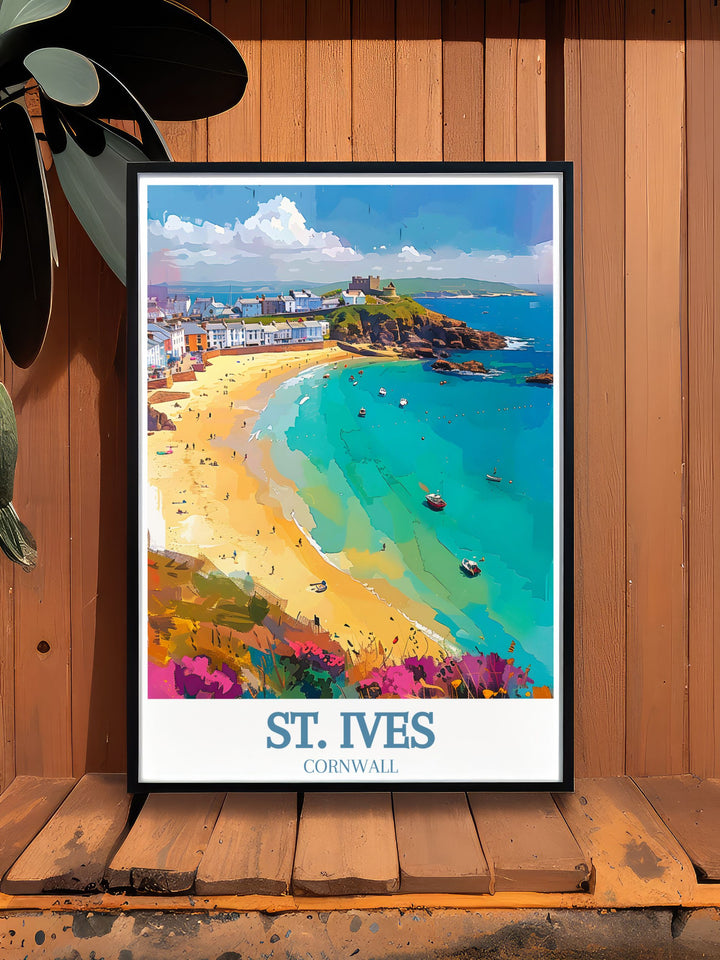 Experience the dynamic culture and serene environment of St. Ives and Porthmeor Beach through this travel poster, perfect for nature lovers and art enthusiasts.