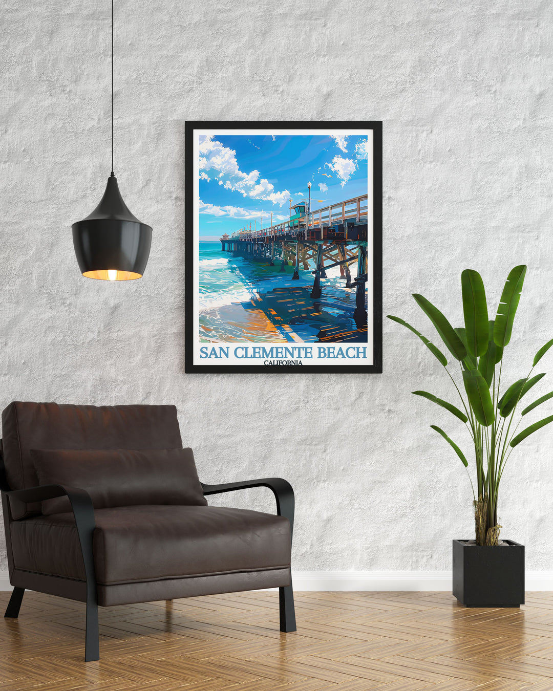 This San Clemente Beach Travel Poster highlights the scenic views of the beach and pier, offering a piece of Southern Californias charm for your home. Whether for a living room, office, or gift, this artwork brings the beach to life with every glance.