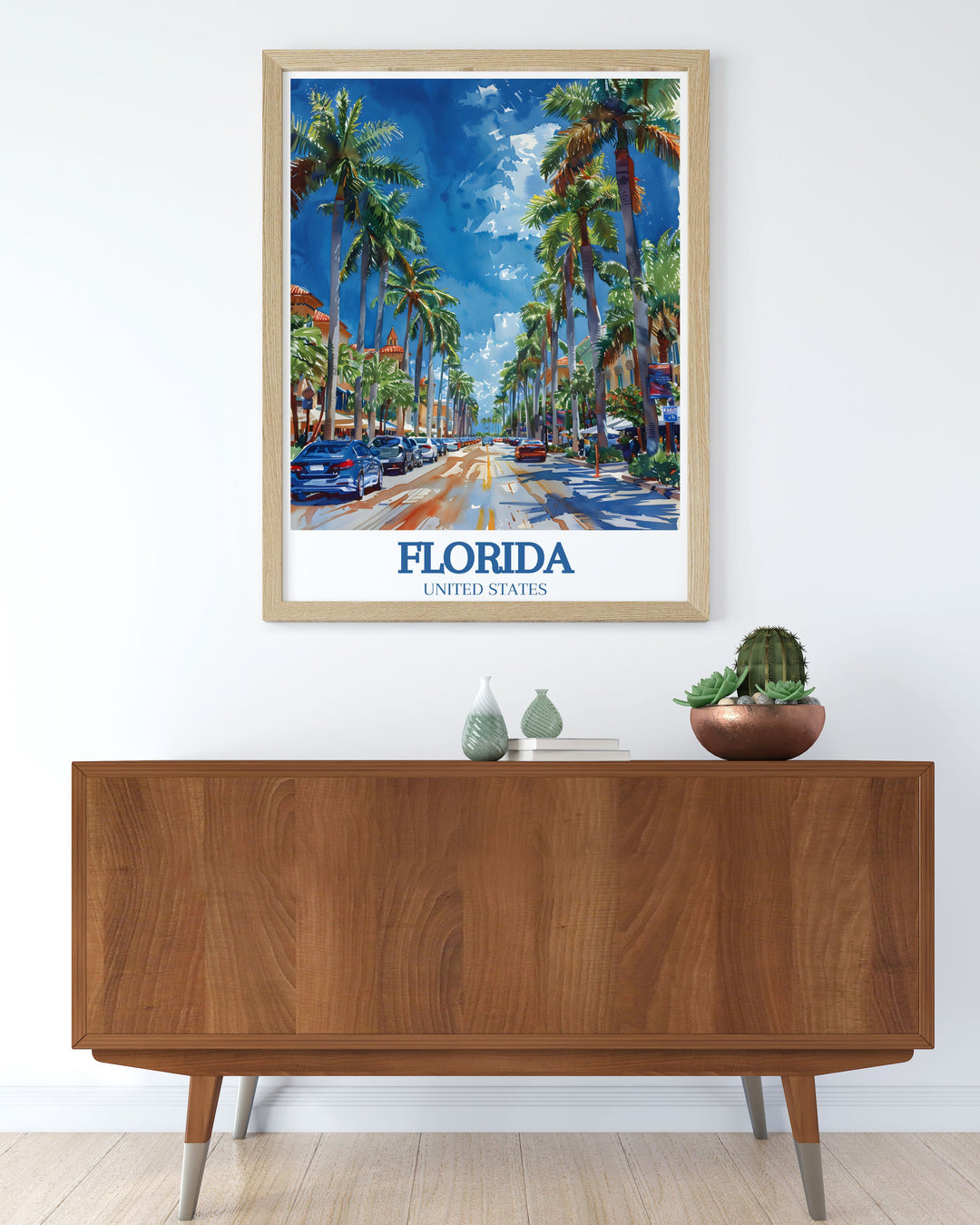 Vividly depicted in this artwork, Miami Beachs iconic lifeguard towers and sandy shores offer a glimpse into its famous beaches.