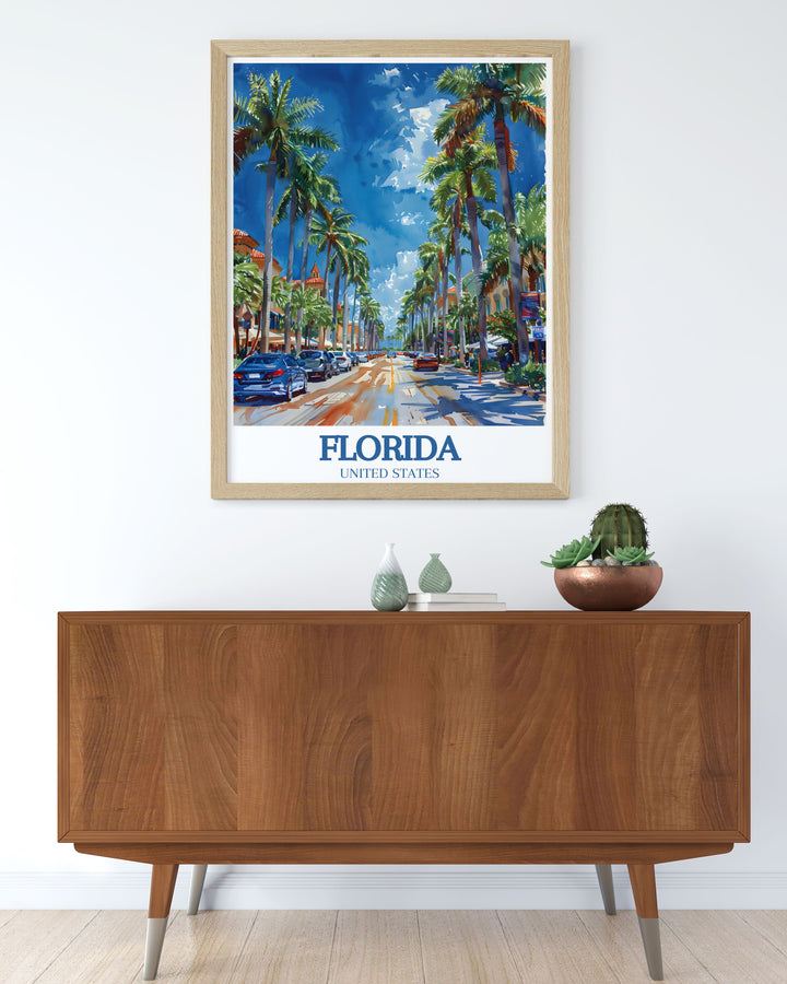 Vividly depicted in this artwork, Miami Beachs iconic lifeguard towers and sandy shores offer a glimpse into its famous beaches.