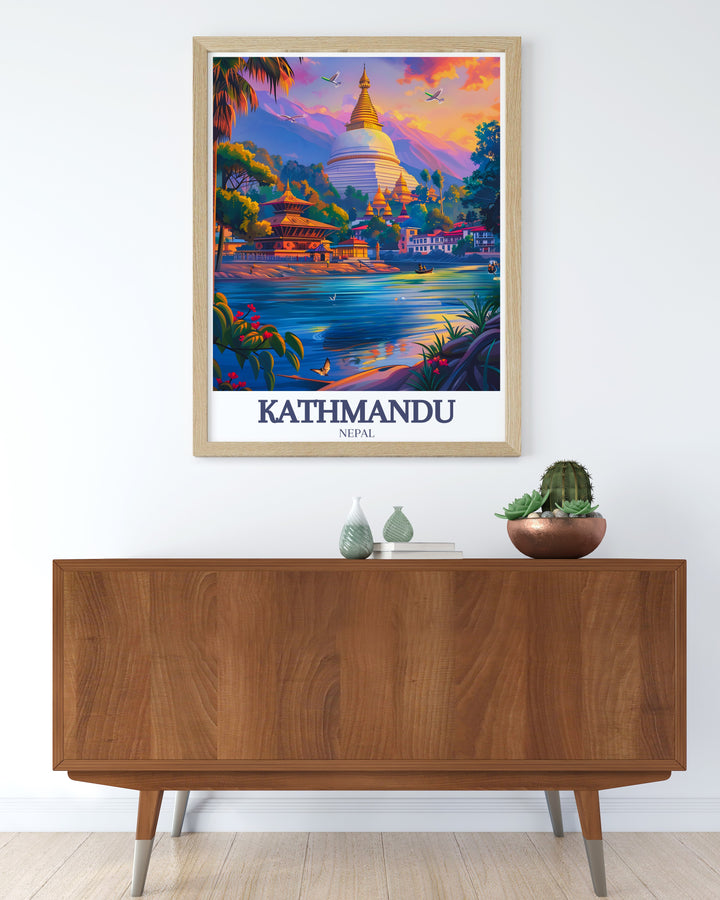 This Kathmandu poster print beautifully captures the essence of Nepal, showcasing Mount Everest and the historic Durbar Square. Perfect for adventure lovers, this wall art brings the vibrant culture of Kathmandu into your space.