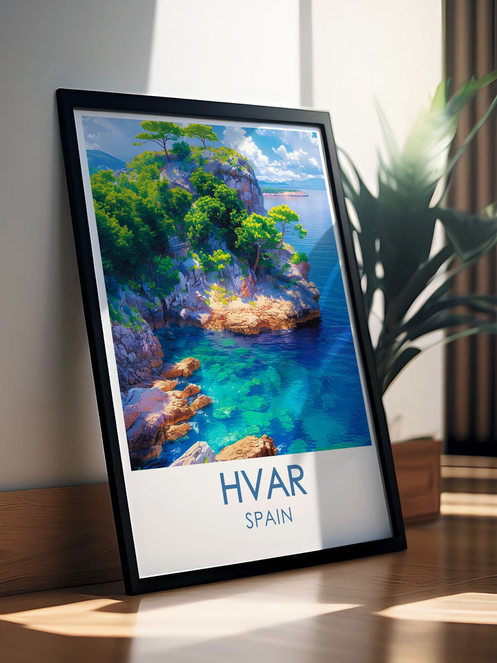 This fine art print captures the breathtaking view of Hvar Fortress overlooking the Adriatic Sea. Perfect for adding a touch of Croatian history and beauty to your home decor, this poster showcases the majestic architecture and scenic vistas of Hvar.