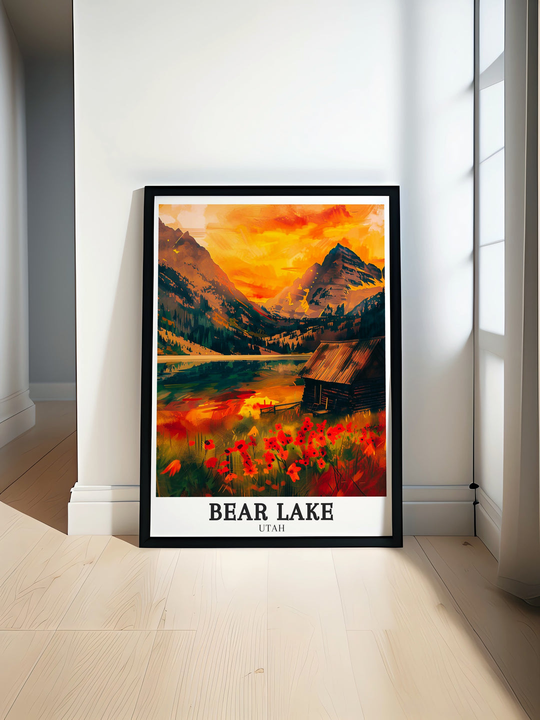 Elegant home decor featuring a travel print of Bear Lake and the surrounding Bear River Mountains, showcasing the serene blue waters and breathtaking views in a stylish art print