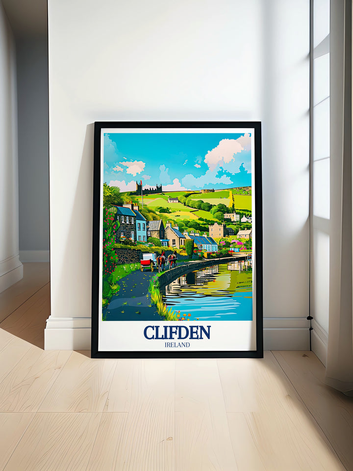 Artistic print of Clifden Castle and the Owenglin River, highlighting the harmony between Clifdens historic architecture and its natural surroundings. A must have for any Irish art enthusiast.