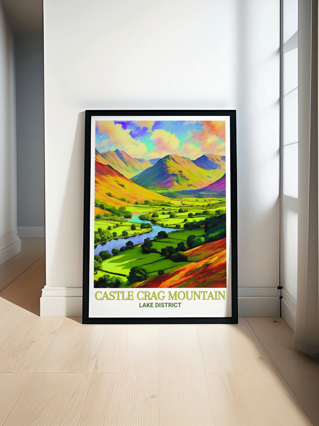 Keswick canvas art captures the serenity of Castle Crag Mountain and the rich landscapes of Borrowdale, making it an ideal addition to any travel or adventure themed home décor.