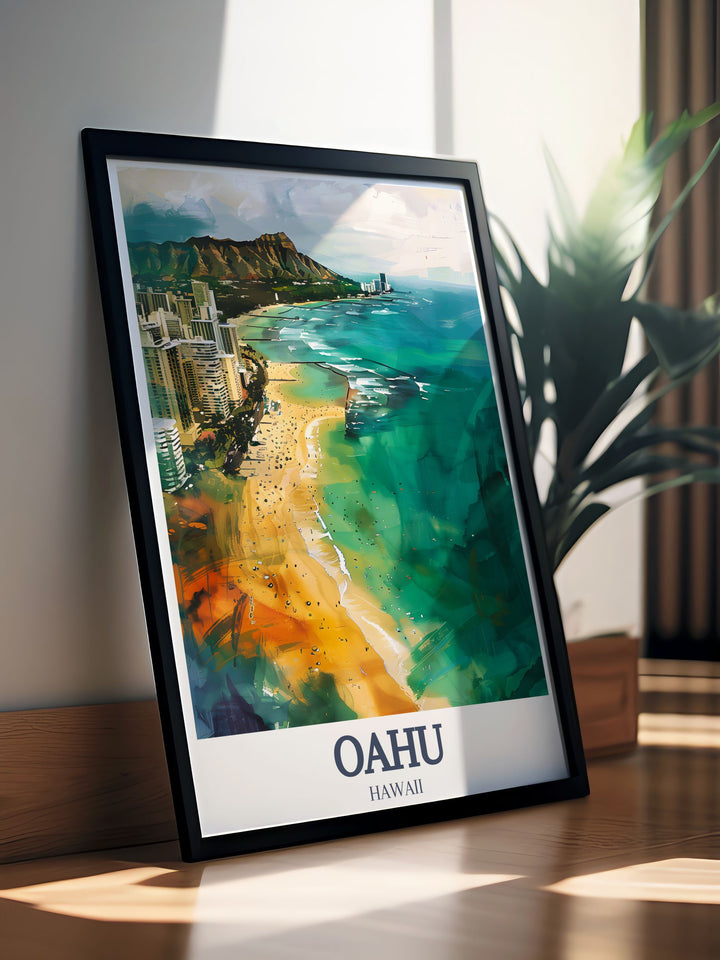 Bring the magic of Hawaii into your home with this Oahu wall print featuring Diamond Head and Waikiki Beach. Printed with vivid colors and high quality detail, its an ideal décor piece or a thoughtful travel gift for friends and family.