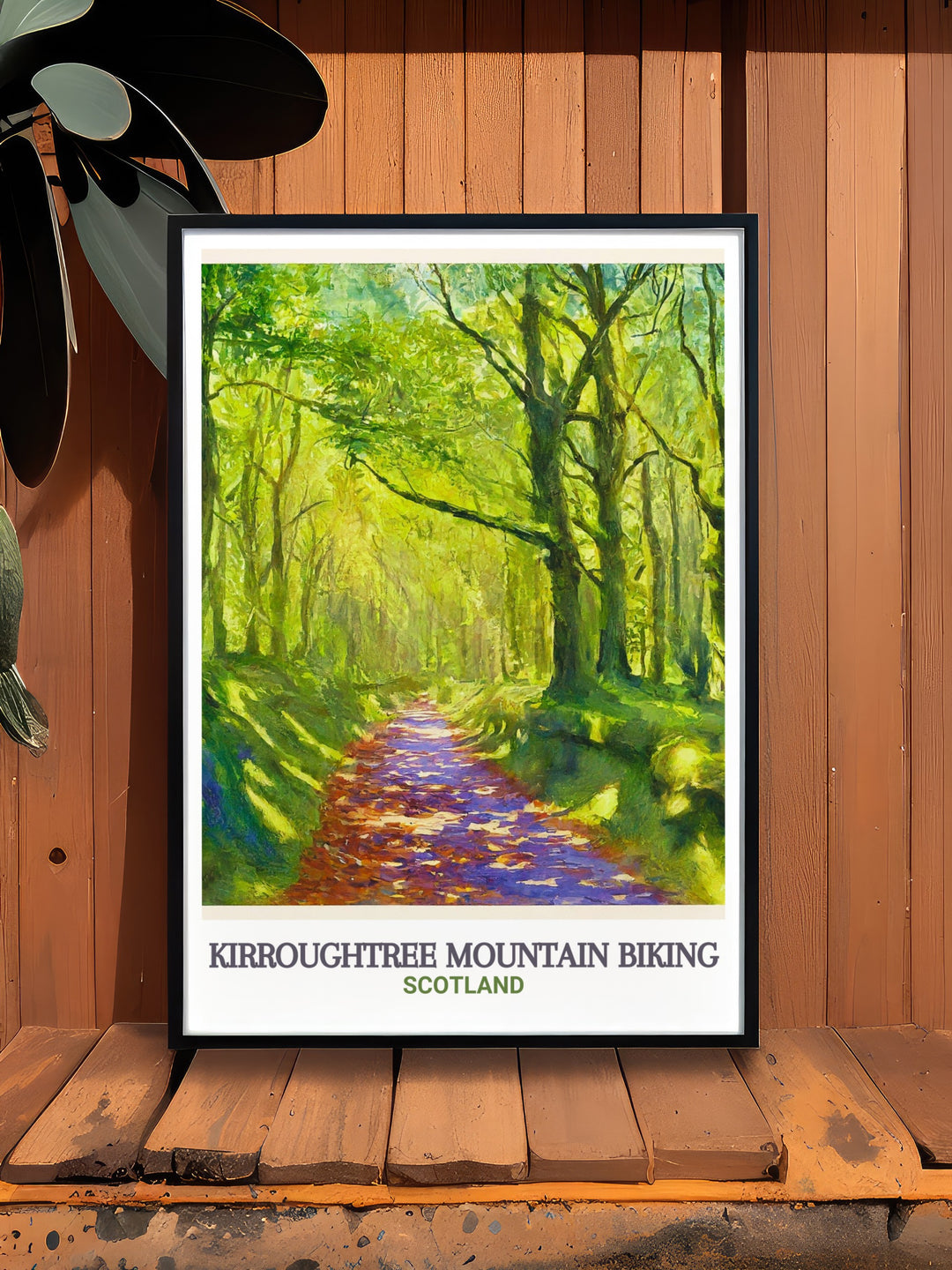 Cycling art featuring the famous 7stanes MTB Trails at Kirroughtree in Galloway Forest Park. This travel poster combines the thrill of mountain biking with the tranquility of Scotlands stunning landscapes, making it a perfect gift for bikers and adventure seekers.