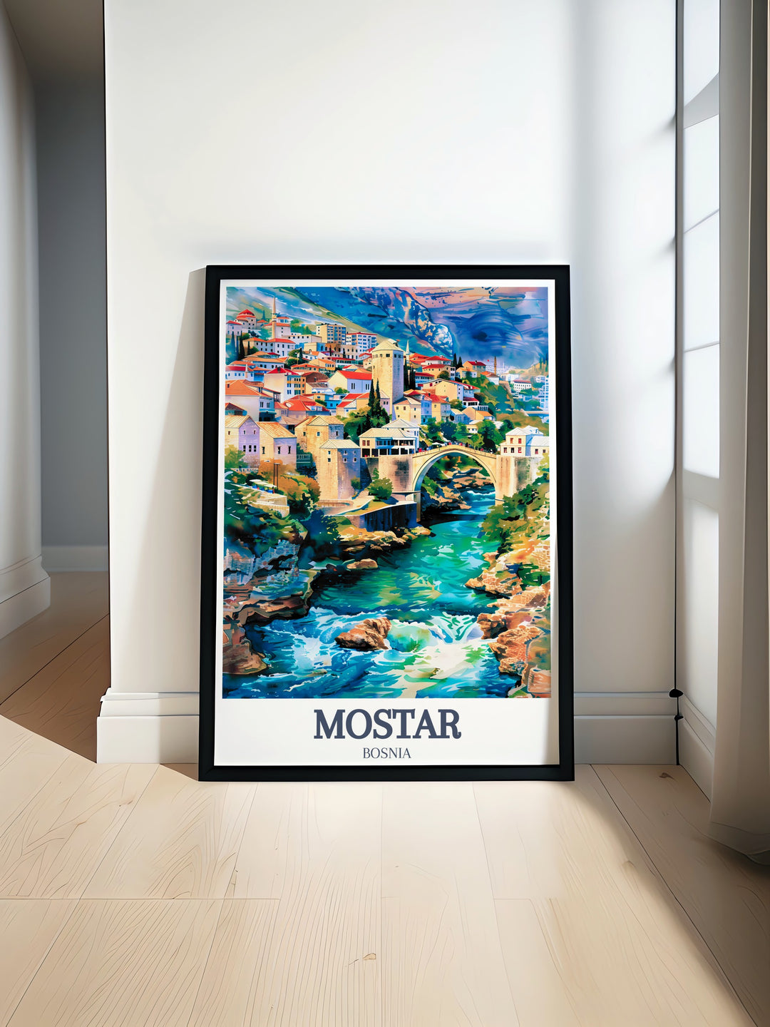 Mostar Poster Print showcasing Neretva River and Kriva Cuprija featuring the beauty of the Old Bridge and Southern Bosnia perfect for home decor or gifts