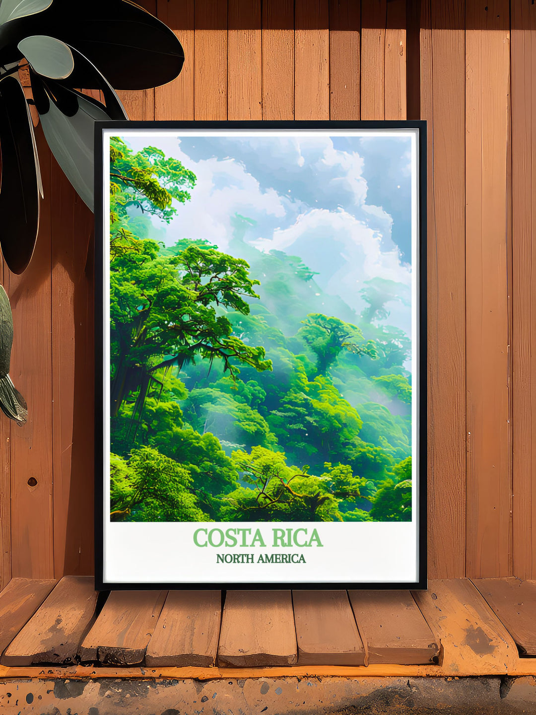 Stunning Costa Rica print highlighting the lush landscapes of Monteverde Cloud Forest Reserve and the vibrant sunsets of Saint Teresa, ideal for nature enthusiasts and beach lovers.