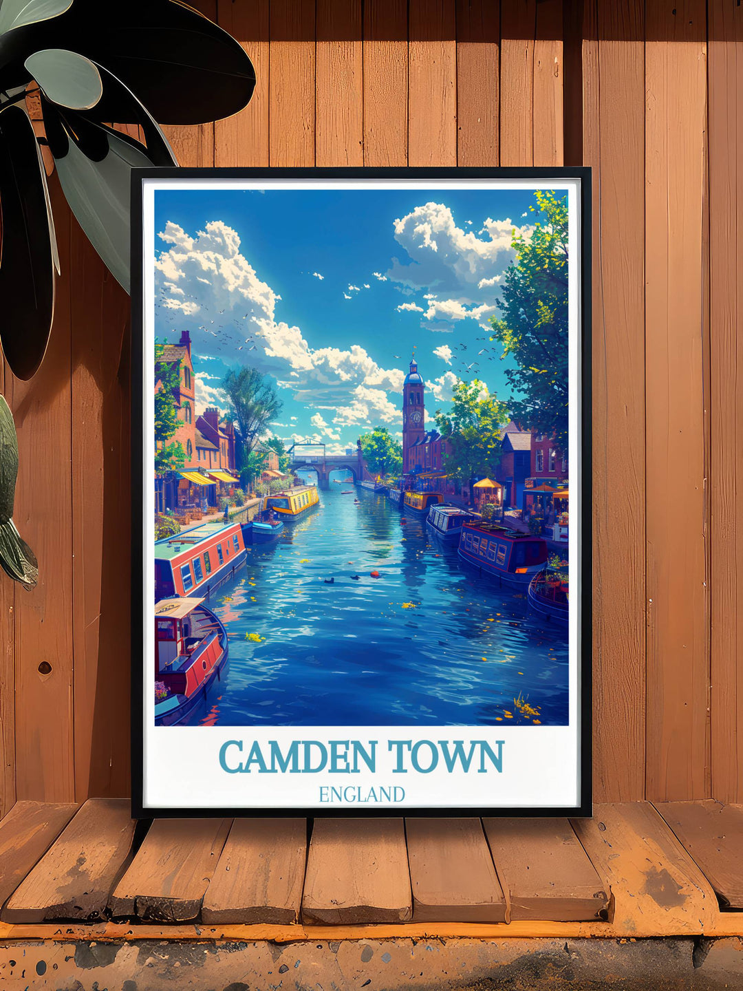 Vintage travel print showcasing Camden Lock and the vibrant street life of Camden Town London a perfect addition to any art collection or home decor for those who love the eclectic vibe of one of Londons most artistic neighborhoods.