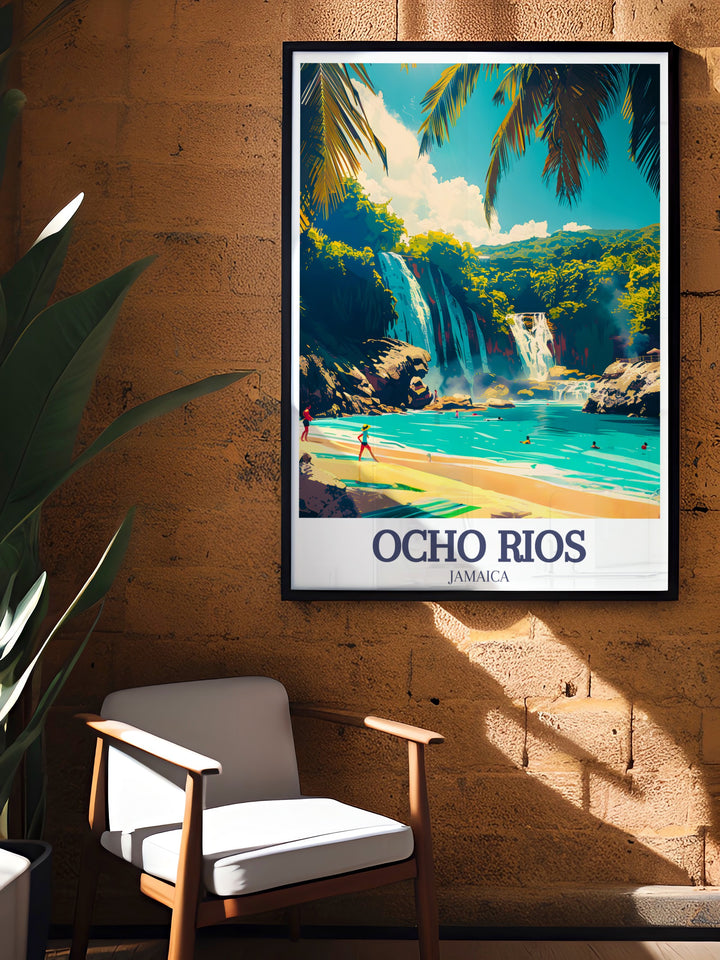 Elevate your home decor with this travel print of Ocho Rios, capturing the serene beauty of Dunns River Falls and the tranquil beaches that make this destination a favorite among travelers. The vibrant colors and intricate details make this wall art a must have for those who love tropical escapes.