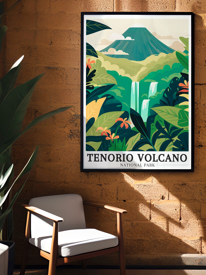 Gorgeous Celeste River print showcasing the vibrant Rio celeste waterfall perfect for adding a touch of natural beauty to your home decor and for giving as thoughtful gifts.