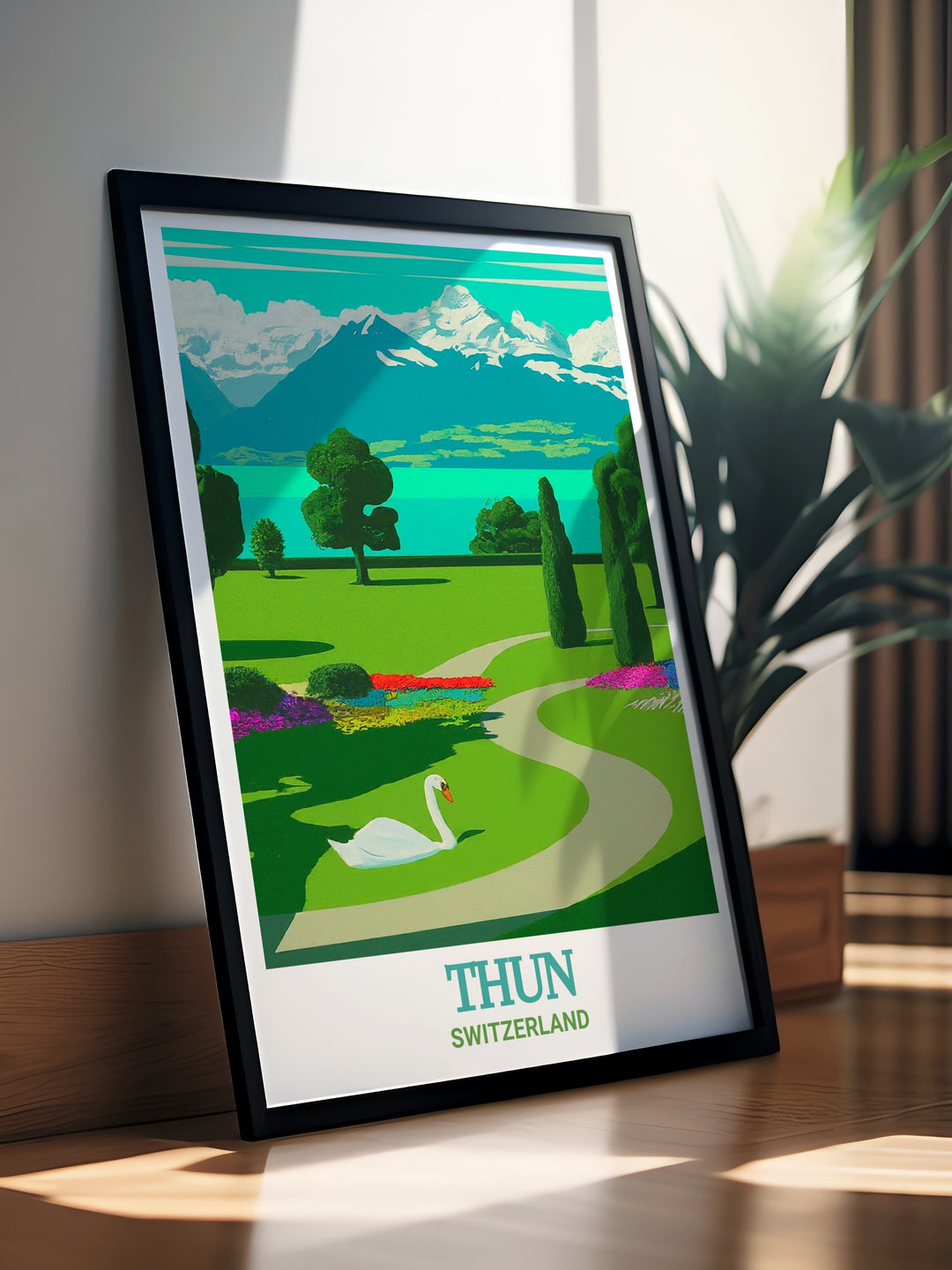 Schadau Park Vintage Poster capturing the classic charm of one of Switzerlands most serene parks. This artwork brings the peaceful ambiance of Thun into any home or office.