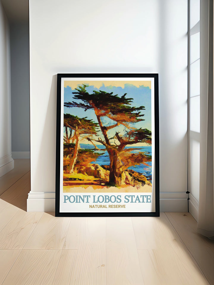 Framed art of Cypress Grove Trail, depicting the unique cypress trees and the peaceful ambiance of Point Lobos State Natural Reserve. This artwork is perfect for anyone who loves the outdoors and wants to bring the beauty of Californias coastline into their home.