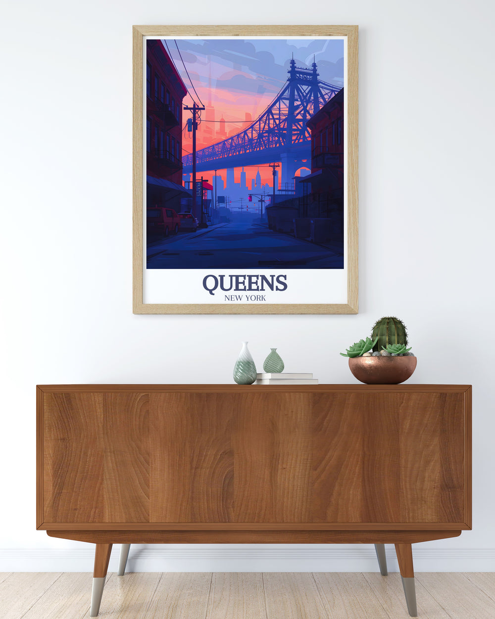 Enhance your living room decor with a Queensboro Bridge East River city art print showcasing the architectural beauty of the bridge and the serene flow of the river ideal for contemporary interiors