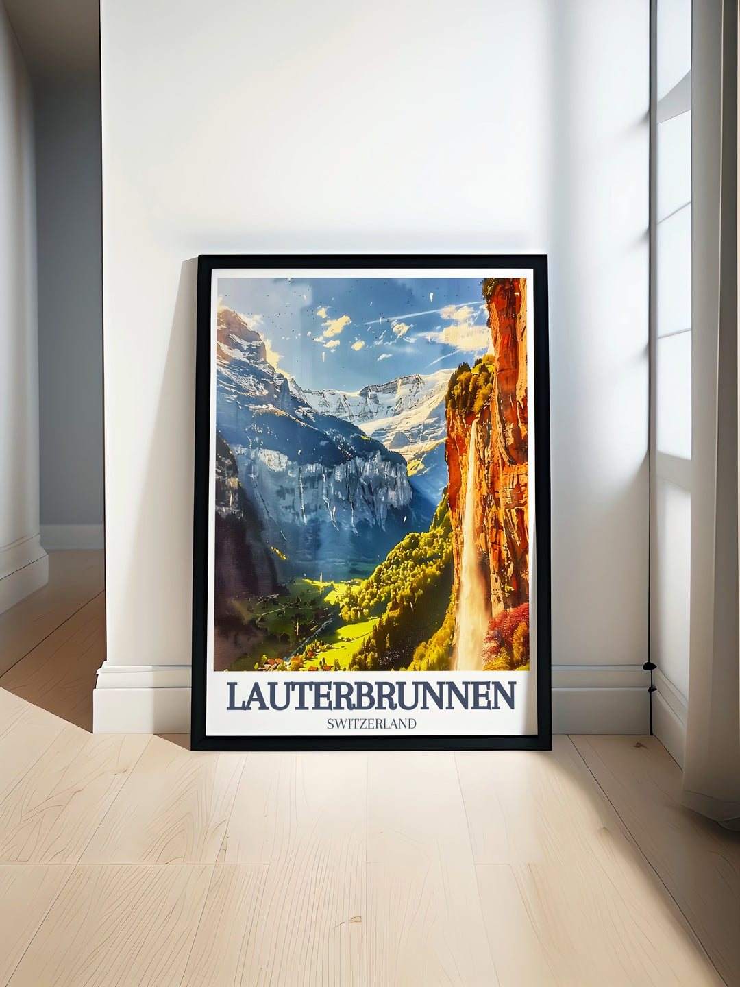 Lauterbrunnen Print showcasing Staubbach Falls and Jungfrau Mountain perfect for Swiss wall decor and home decoration enthusiasts who love Swiss travel prints and beautiful Switzerland art