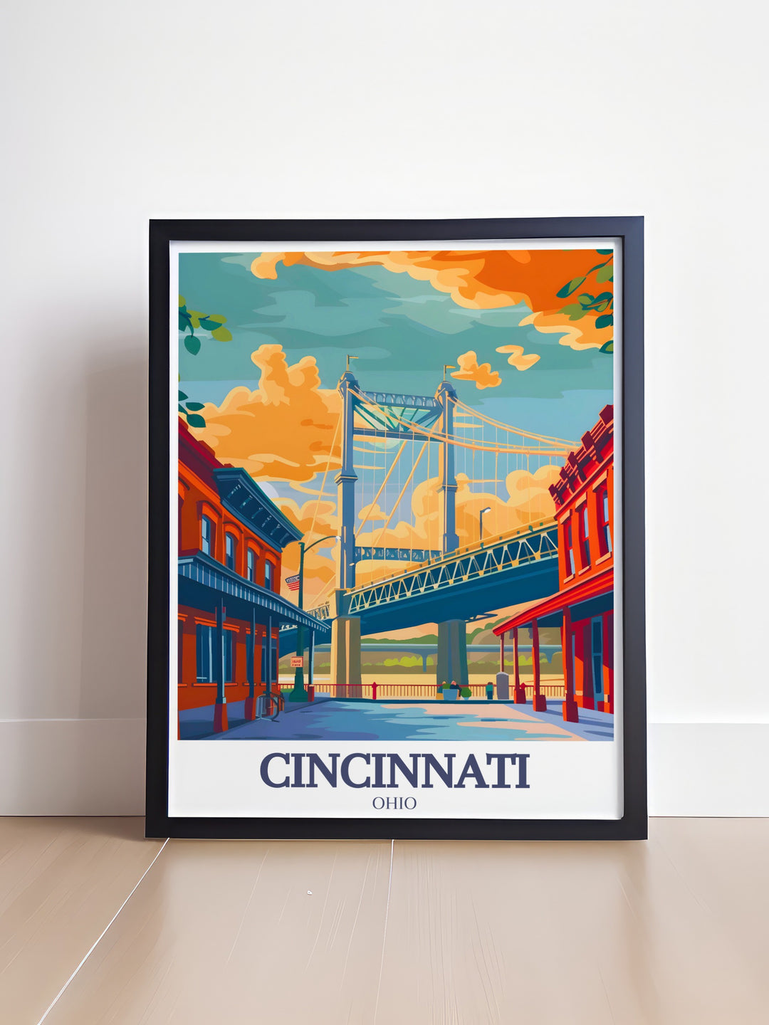 Modern Cincinnati Travel Print featuring Roebling Suspension Bridge and Roebling Point perfect for home decor with sleek black and white street maps and fine line designs ideal for gifting on special occasions including birthdays anniversaries and holiday celebrations