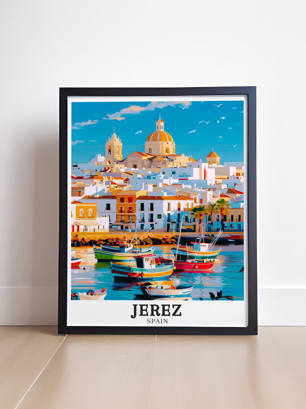 Jerez travel poster showcasing the lively streets and historical landmarks of Jerez de la Frontera. This art print brings the dynamic energy of Andalusia to life, making it a great piece for anyone who appreciates Spanish culture and architecture.