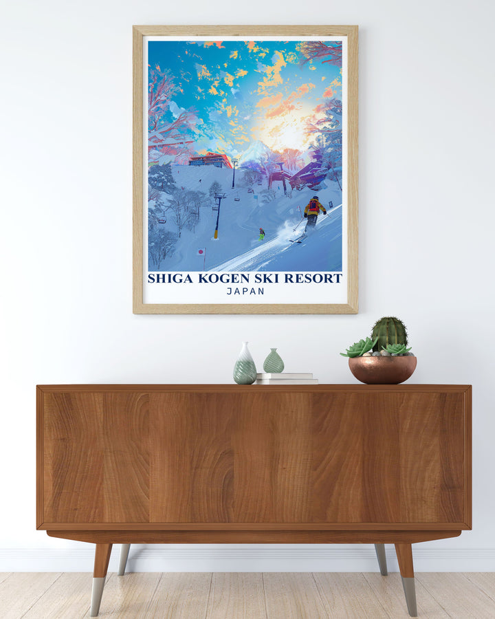 This vintage inspired poster of Shiga Kogen Ski Resort captures the excitement of skiing in the Japanese Alps, offering a glimpse into one of Japans premier winter destinations.
