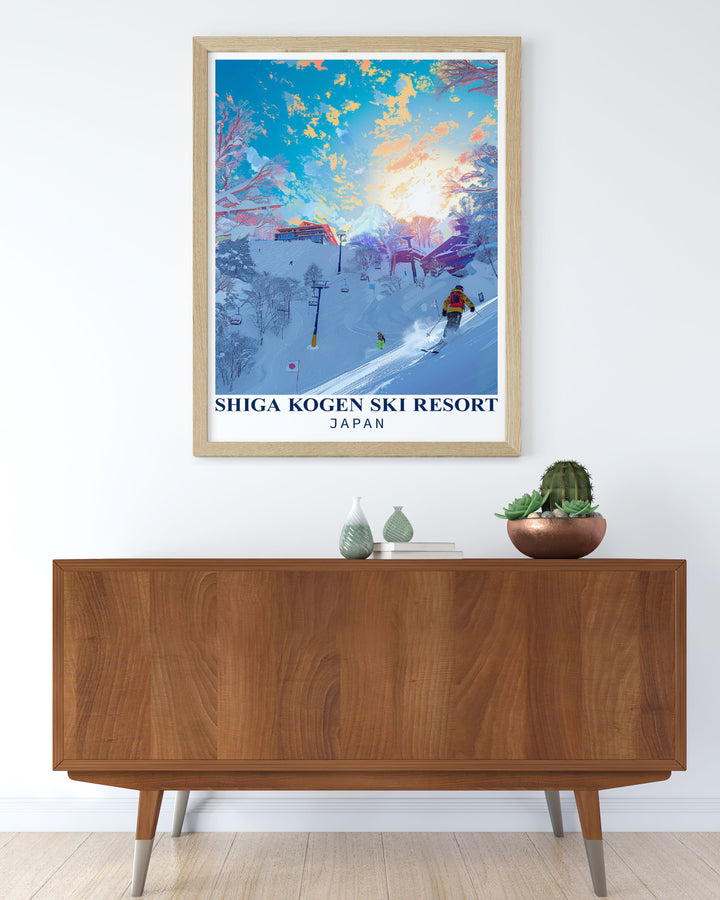 This beautifully illustrated poster of Shiga Kogen Ski Resort captures the dynamic experience of skiing in Japan. The bold colors and intricate details bring the resort to life, offering a perfect piece of wall art for those passionate about skiing, travel, and Japans breathtaking landscapes.