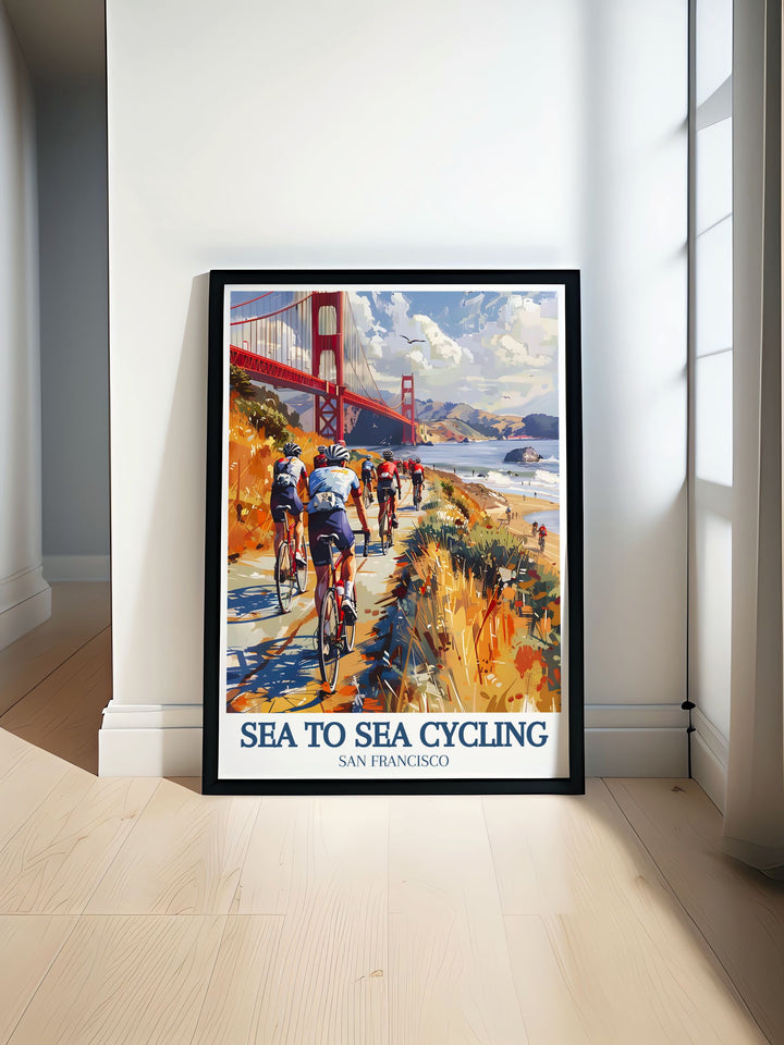 Cycling enthusiasts will appreciate this Sea to Sea Travel Print, which features the challenging C2C route in the UK and the stunning Golden Gate Bridge. Perfect for home décor, it adds a sense of adventure to any room.